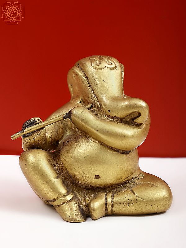3" Small Brass Murli Ganesha Sculpture