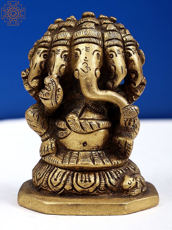 3" Small Brass Panchmukhi Ganesha Seated on Pedestal