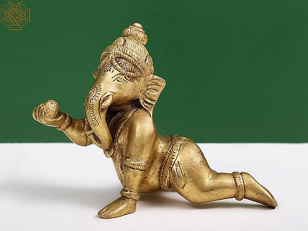 5" Brass Small Baby Ganesha Statue with Modak | Handmade