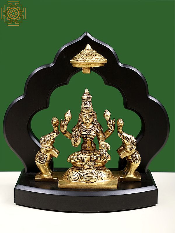 7" Brass Goddess Gaja Lakshmi Sitting on Wooden Temple