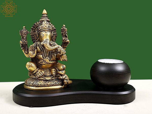 7" Brass Lord Ganesha with Candle on Wooden Base