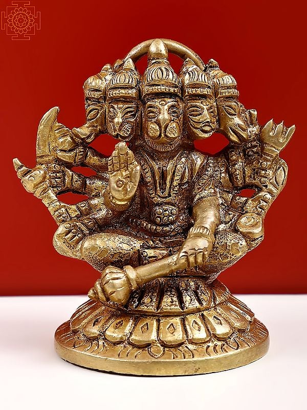 2" Small Brass Panchmukhi Hanuman Sculpture Seated on Pedestal