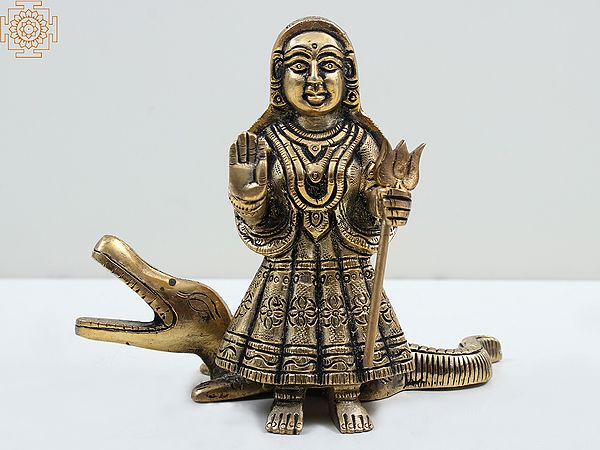 5" Small Brass Khodiyar Mata Statue on Crocodile (Rare Goddesses of India)