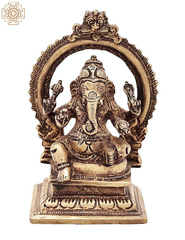 4" Ganesha Sculpture with Aureole in Brass | Handmade | Made in India
