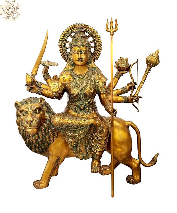 36" Large Size Mother Goddess Durga Seated on Lion In Brass | Handmade | Made In India