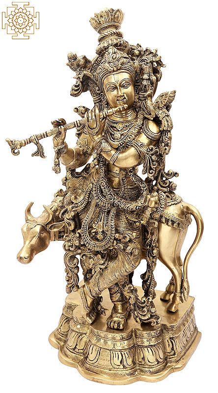 26" Flutist Krishna Brass Idol with His Cow | Unique Brass Sculpture