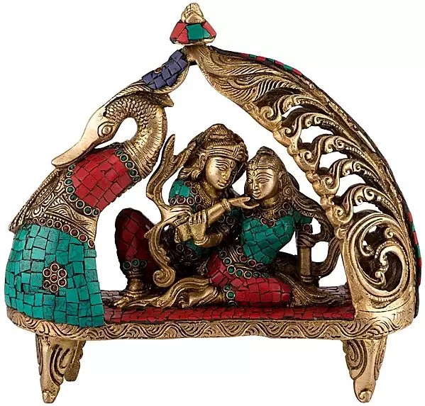 10" Radha Krishna Sitting on Peacock Boat with Inlay Work In Brass | Handmade | Made In India