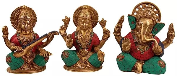 7" Lakshmi, Ganesha and Saraswati with Inlay In Brass | Handmade | Made In India