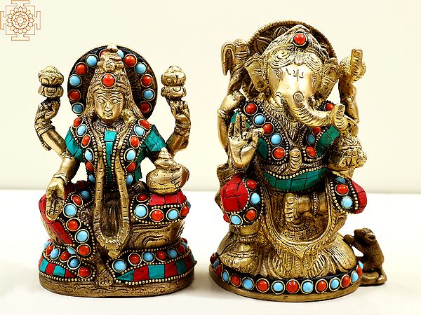 6" Brass Lord Ganesha and Goddess Lakshmi Statue with Inlay | Handmade