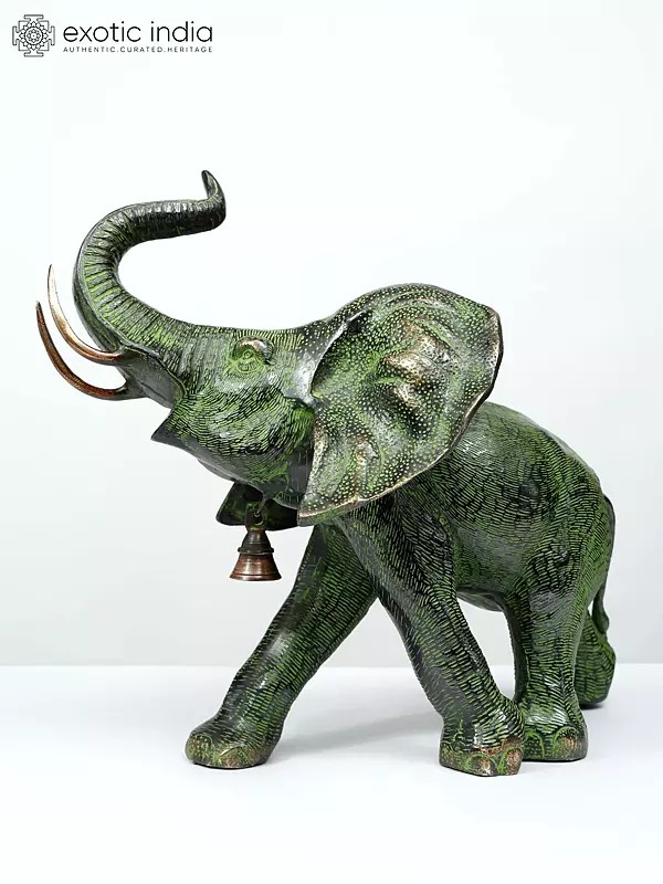 15" A Young Trumpeting Elephant With Long Tusks in Brass