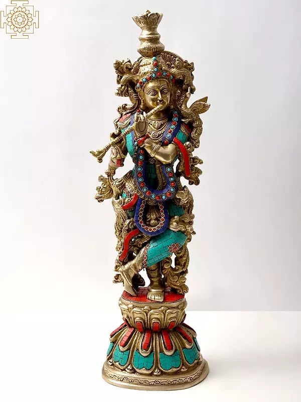 24" Fluting Krishna In Brass | Inlay Work | Handmade | Made In India