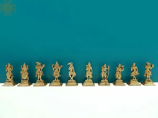 4" Small Dashavatara (Ten Incarnations of Lord Vishnu) Flat Statues In Brass
