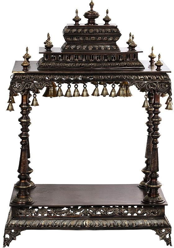 36" Burnished Temple With Stoopas On The Roof And Dangling Bells In Brass | Handmade | Made In India