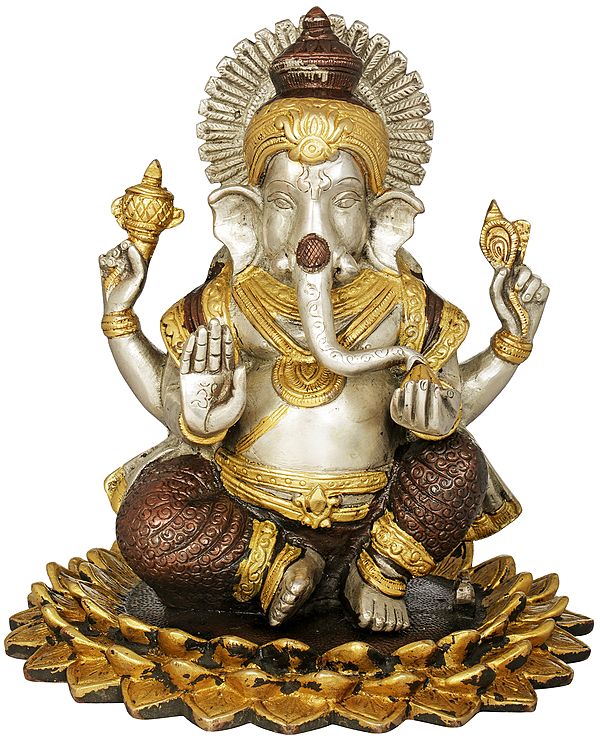 8" Lord Ganesha Seated On a Blooming Lotus In Brass | Handmade | Made In India