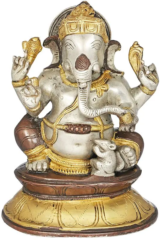 7" Chaturbhuja Ganesha With His Mouse In Brass | Handmade | Made In India