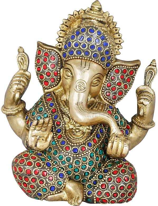 5" Inlay Blessing Ganesha In Brass | Handmade | Made In India