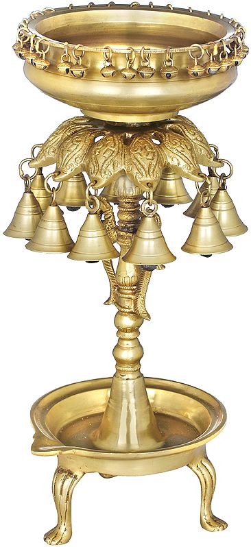 Auspicious Brass Urli with Lamp and Bells