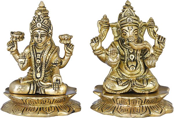 4" Lakshmi Ganesha  - Small Statue Pair In Brass | Handmade | Made In India