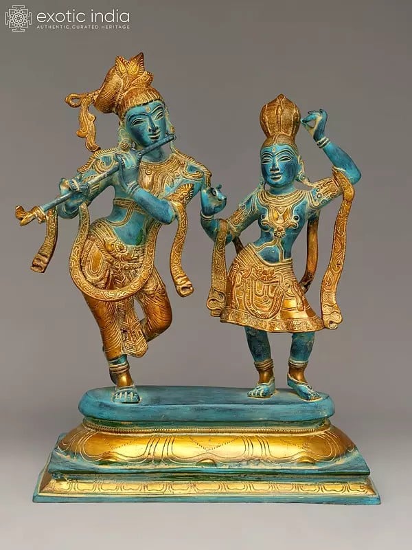 17" Tribhang Murari Krishna Looks on as Radha Dances | Handmade Brass Statue