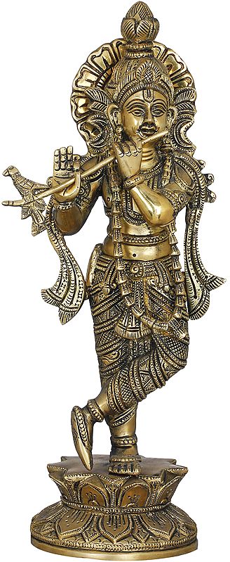 14" Krishna The Divine Flutist In Brass | Handmade | Made In India