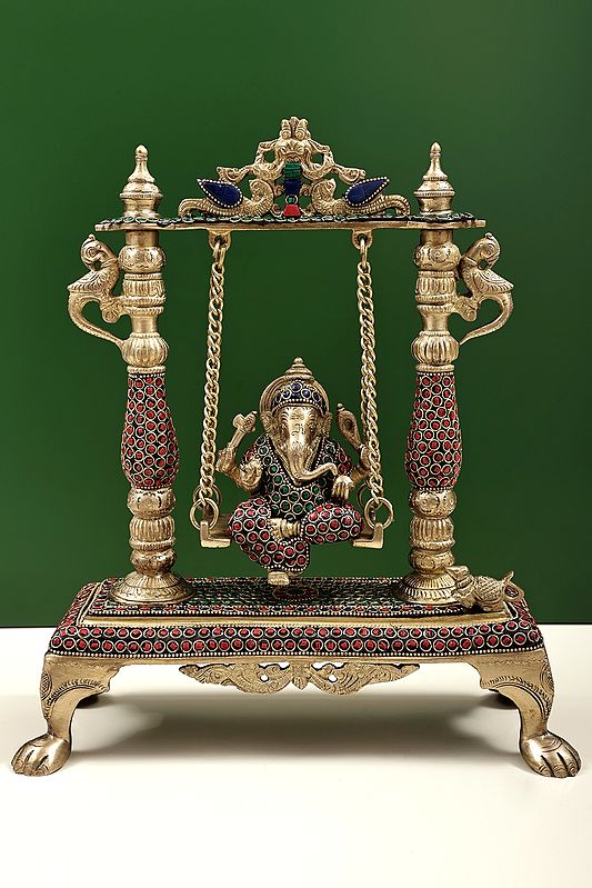 13" Brass Lord Ganesha Idol on a Swing with Inlay Work | Home Decor | Handmade