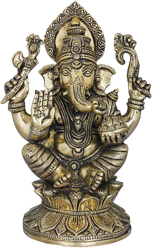 9" Lord Ganesha Seated on Lotus In Brass | Handmade | Made In India