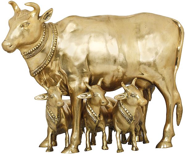 22" Mother Cow Protecting Her Three Calves In Brass | Handmade | Made In India