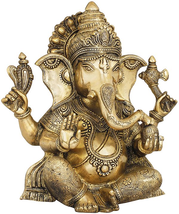 12" Ashirwad Ganesha Wearing Carved Vastra In Brass | Handmade | Made In India