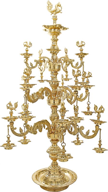 55" Tall, Resplendent Annam-Lamp With Gorgeous Etchings Along The Base Rim, Stem, And Branching Vines In Brass | Handmade | Made In India