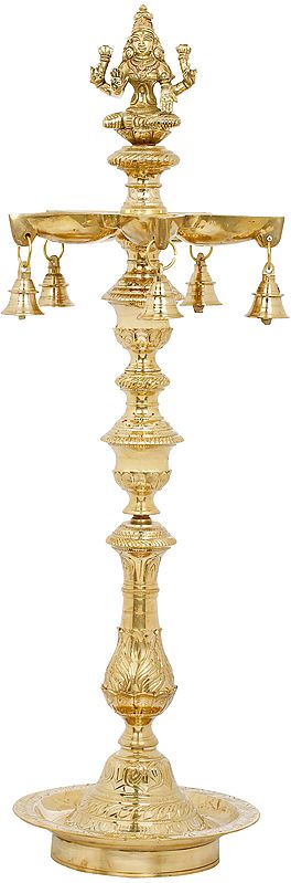 34" Five Wicks Goddess Lakshmi Lamp in Brass | Handmade | Made in India
