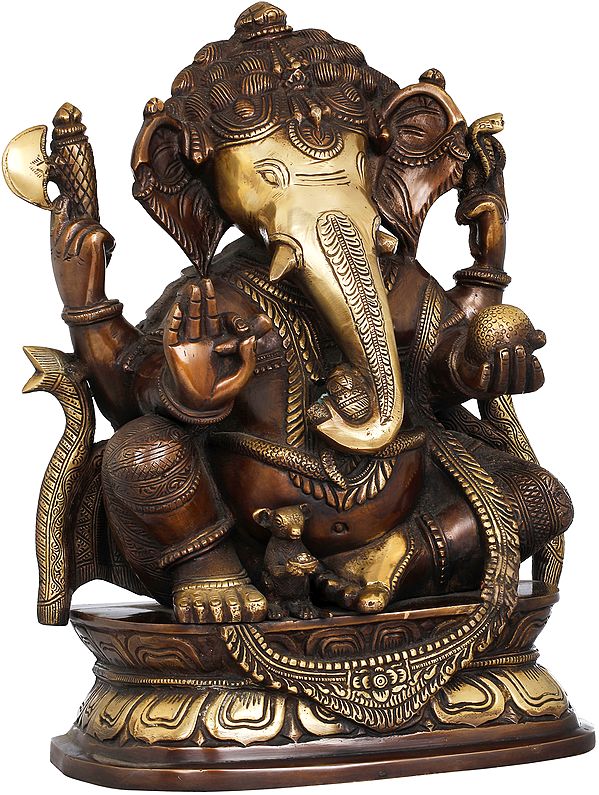 16" Seated Ganesha, A Modak in His Hand In Brass | Handmade | Made In India