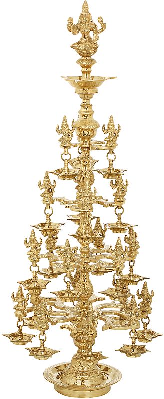 39" Auspicious Brass Lamp of with Twenty-Two Lakshmi Statues | Handmade | Made in India