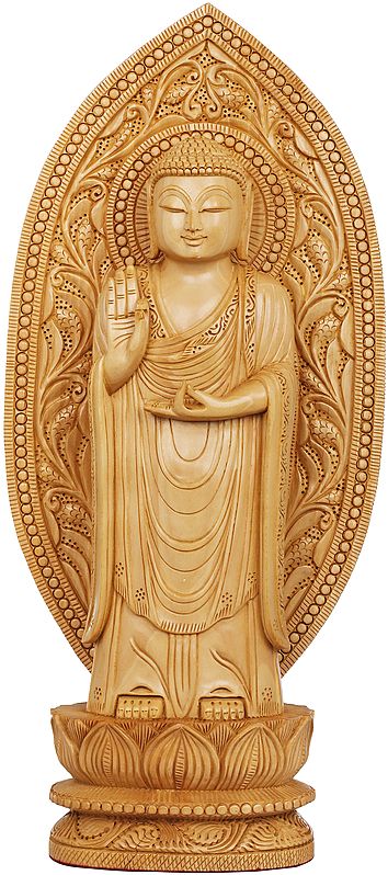 Standing Lord Buddha Wood Statue from Jaipur | Tibetan Buddhist Idol