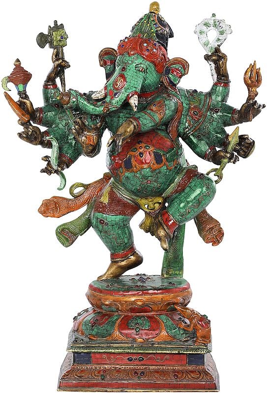 26" Ten Armed Dancing Ganesha With Superfine Stone Work - Made in Nepal In Brass | Handmade | Made In India
