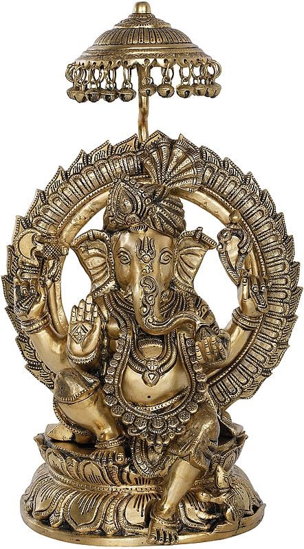 18" Fine Quality Turbaned Ganesha on Lotus Seat With Parasol Aureole In Brass | Handmade | Made In India