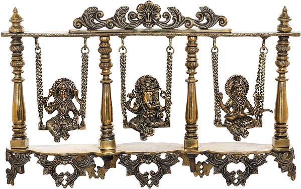 23" Lakshmi Ganesha Saraswati On a Swing In Brass | Handmade | Made In India