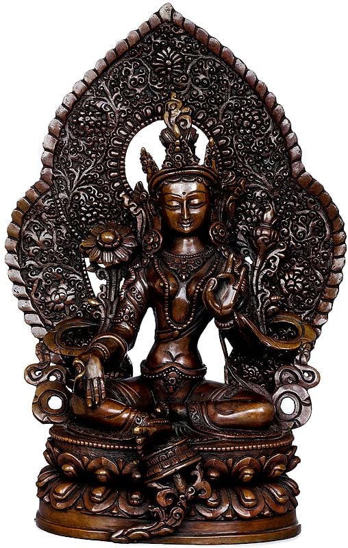 Seated Green Tara, Under A Densely Engraved Aureole