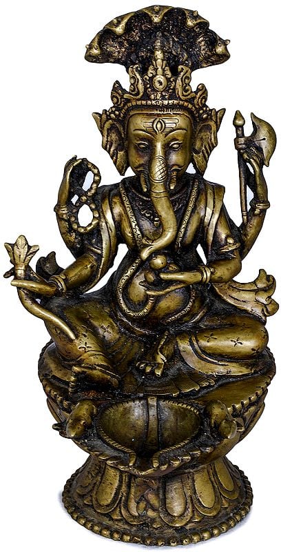 11" Lord Ganesha Lamp with Five-Hooded Serpent Handle and Oil Bowl Base in Brass
