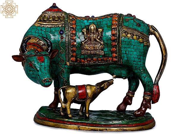 8" Cow and Calf - Lakshmi Ganesha Carved On Saddle In Brass | Handmade | Made In India