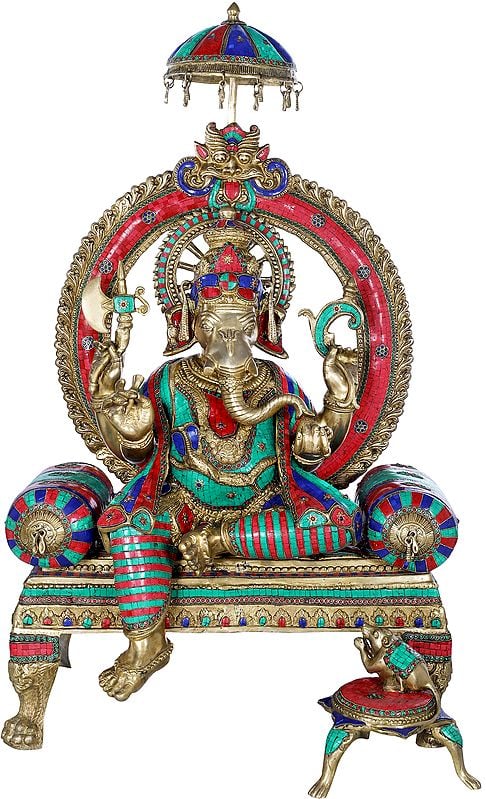 47" Lord Ganesha Seated On Royal Cushion Throne - Large Size In Brass | Handmade | Made In India