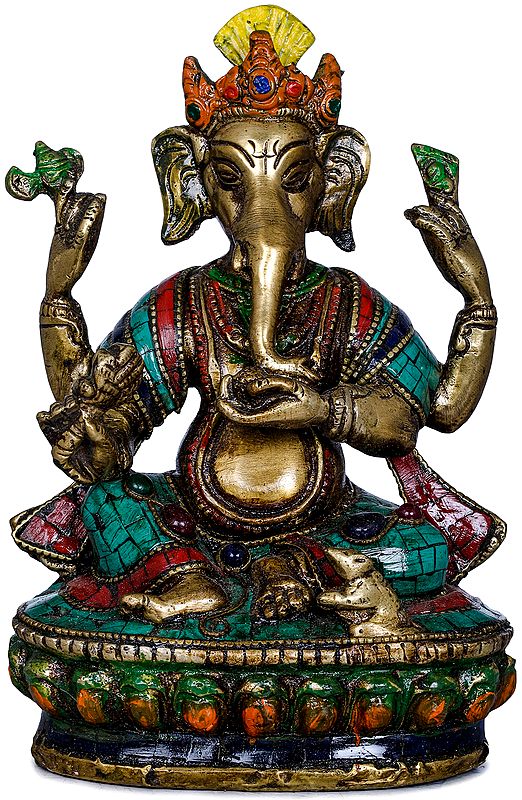 6" Inlay Statue Of Ganesha in Nepalese Style In Brass | Handmade | Made In India