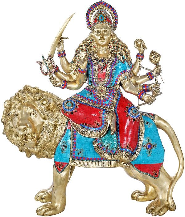 43" Large Ashtabhuja-dhari Simhavahini Goddess Durga In Brass | Handmade | Made In India