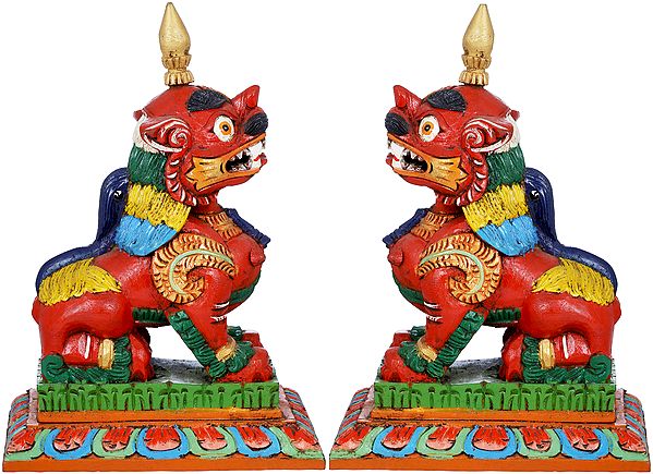 Pair Of Nepalese Temple Lions - Made in Nepal