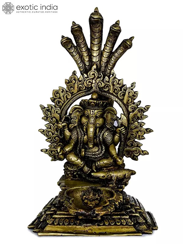 Lord Ganesha Lamp With Five-Hooded Serpent Handle- Made in Nepal