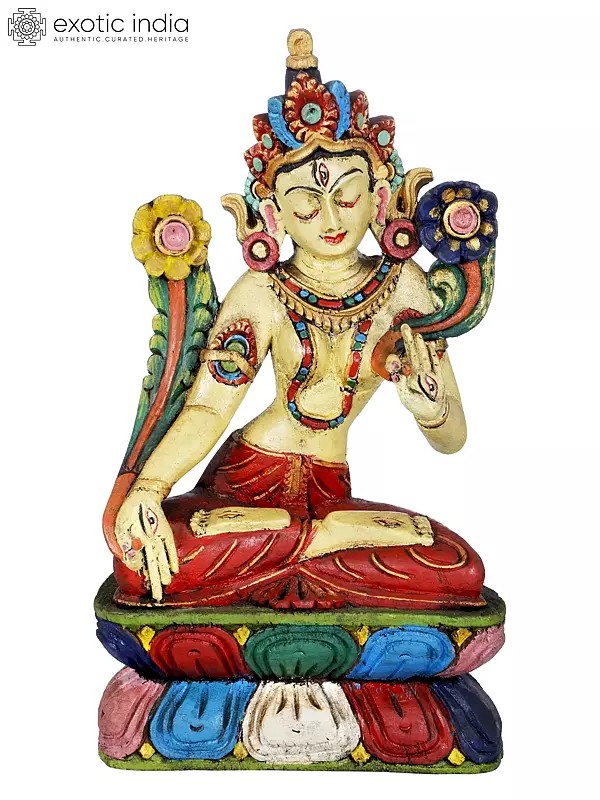 Tibetan Buddhist Goddess White Tara Wooden Statue - Made in Nepal