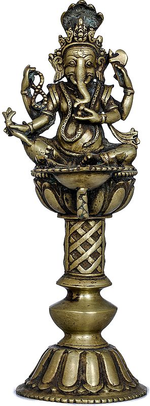 11" Ganesha Puja Lamp in Brass - Made in Nepal | Handmade