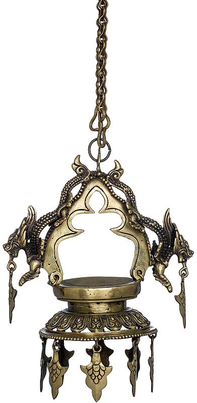 11" Dragons Roof Hanging Oil Lamp in Brass - Made in Nepal | Handmade