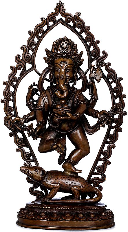 Shadbhuja (Six-Hands) Copper Dancing Ganesha Statue - Made in Nepal