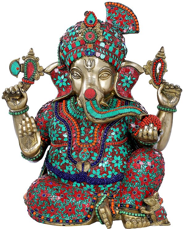 21" Turbaned Inlay Ganesha | Brass with Stone | Handmade | Made In India