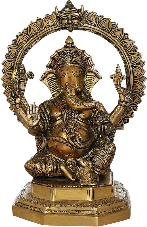 11" Seated Ganesha With Kirtimukha and Lotus Petals Aureole In Brass | Handmade | Made In India